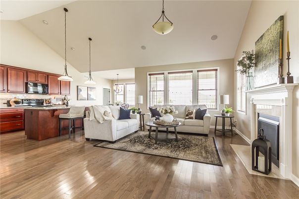 Dining room, Fireplace, Interior, Kitchen, Living room, Pendant Lights, Stainless Steel Appliances, Wood Texture Flooring