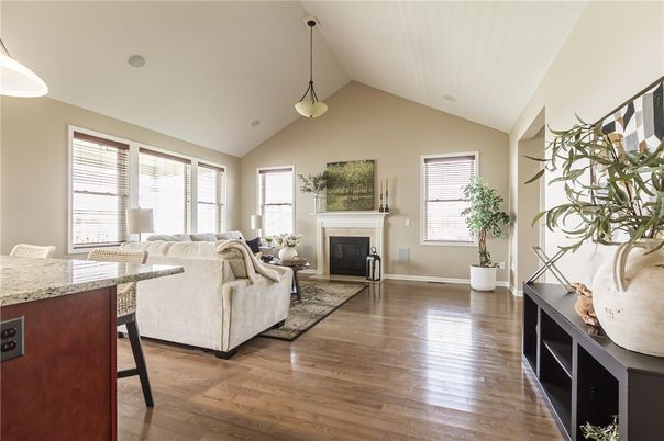 Fireplace, Interior, Living room, Pendant Lights, Wood Texture Flooring