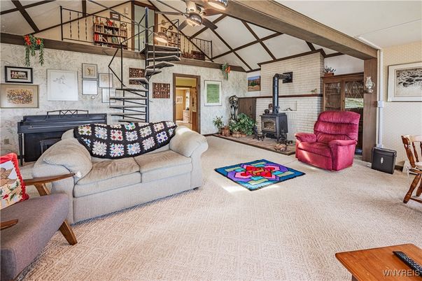 Fireplace, Interior, Living room, Piano, Stone Walls, Wooden Beams