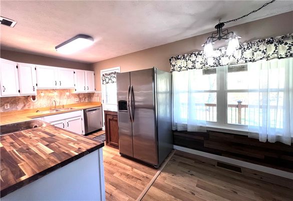 Interior, Kitchen, Pendant Lights, Stainless Steel Appliances, Wood Texture Flooring
