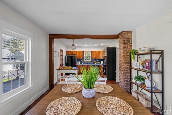 Interior, Kitchen, Recessed Lighting, Stone Walls, Wood Texture Flooring