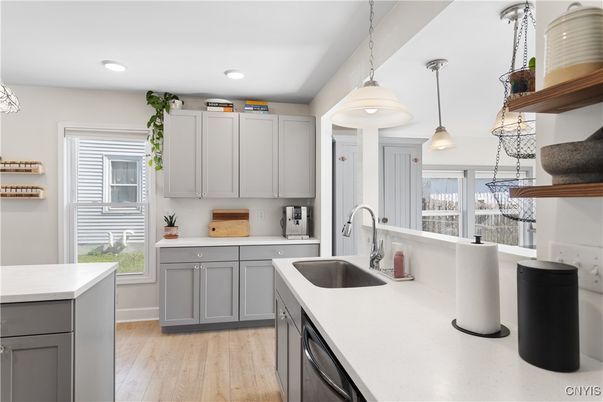 Interior, Kitchen, Pendant Lights, Recessed Lighting, Wood Texture Flooring