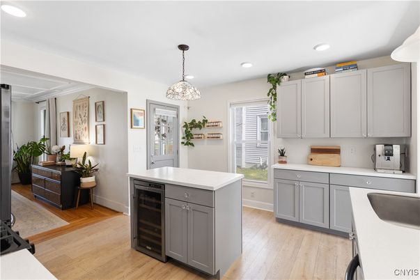 Interior, Kitchen, Pendant Lights, Recessed Lighting, Wood Texture Flooring