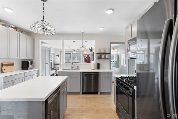 Interior, Kitchen, Pendant Lights, Recessed Lighting, Stainless Steel Appliances, Wood Texture Flooring