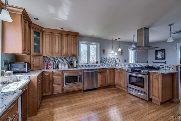 Interior, Kitchen, Pendant Lights, Stainless Steel Appliances, Wood Texture Flooring
