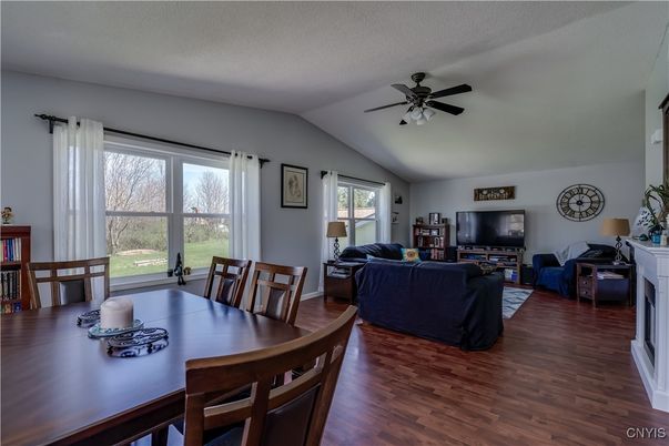 Dining room, Fireplace, Interior, Living room, Wood Texture Flooring