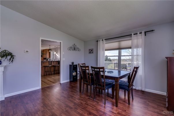 Dining room, Interior, Pendant Lights, Wood Texture Flooring