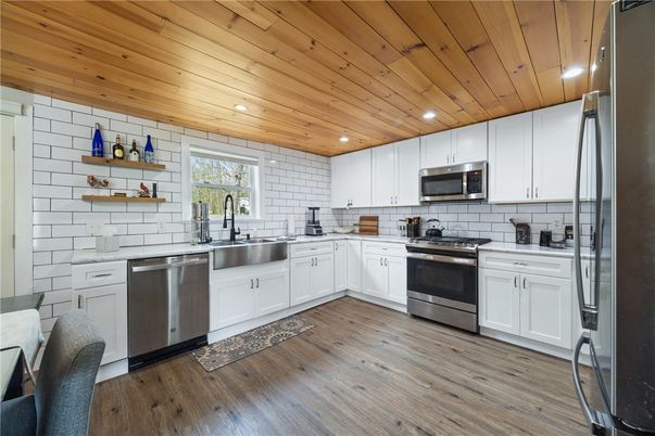 Interior, Kitchen, Recessed Lighting, Stainless Steel Appliances, Wooden Ceilings, Wood Texture Flooring