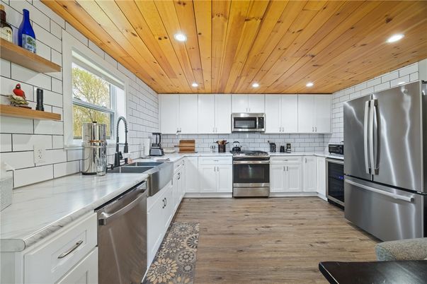 Interior, Kitchen, Recessed Lighting, Stainless Steel Appliances, Wooden Ceilings, Wood Texture Flooring