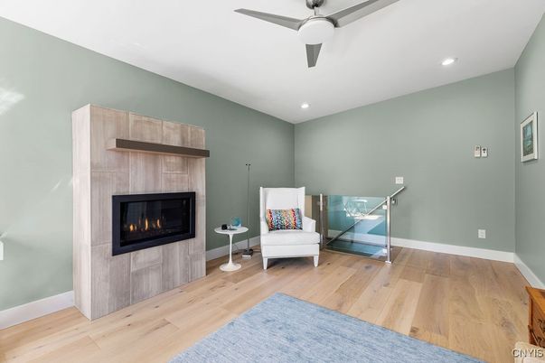 Fireplace, Interior, Recessed Lighting, Wood Texture Flooring
