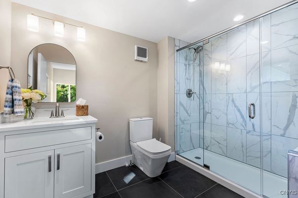Bathroom, Glass Shower, Interior, Marble Walls, Recessed Lighting
