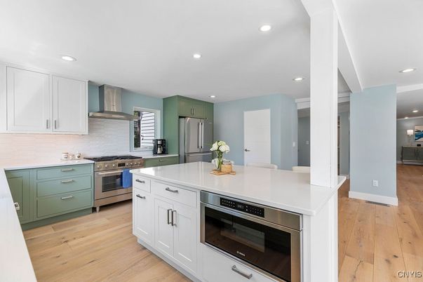 Interior, Kitchen, Recessed Lighting, Stainless Steel Appliances, Wood Texture Flooring