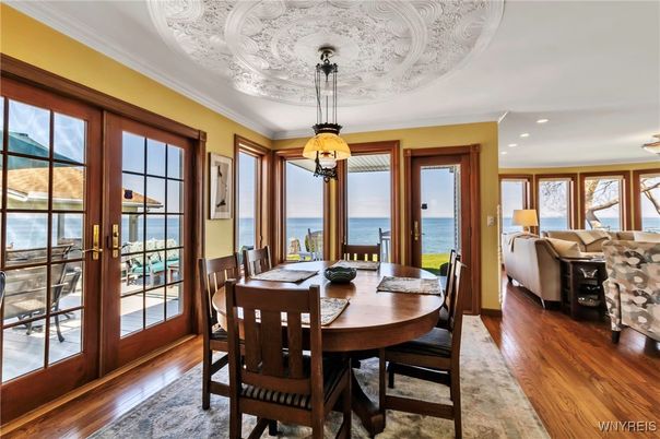 Dining room, Interior, Living room, Pendant Lights, Recessed Lighting, Water, Wood Texture Flooring