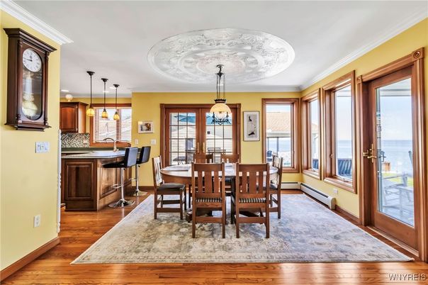 Dining room, Interior, Kitchen, Pendant Lights, Wood Texture Flooring
