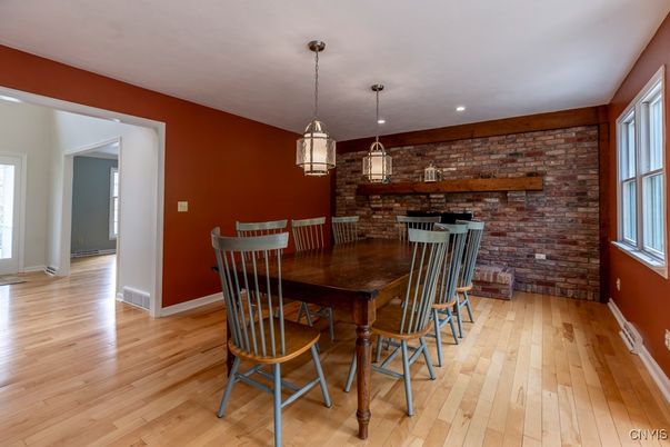 Dining room, Interior, Pendant Lights, Recessed Lighting, Stone Walls, Wood Texture Flooring