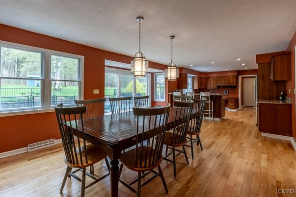 Dining room, Interior, Kitchen, Pendant Lights, Recessed Lighting, Wood Texture Flooring