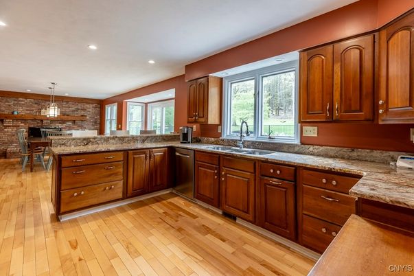 Dining room, Interior, Kitchen, Pendant Lights, Recessed Lighting, Stone Walls, Wood Texture Flooring