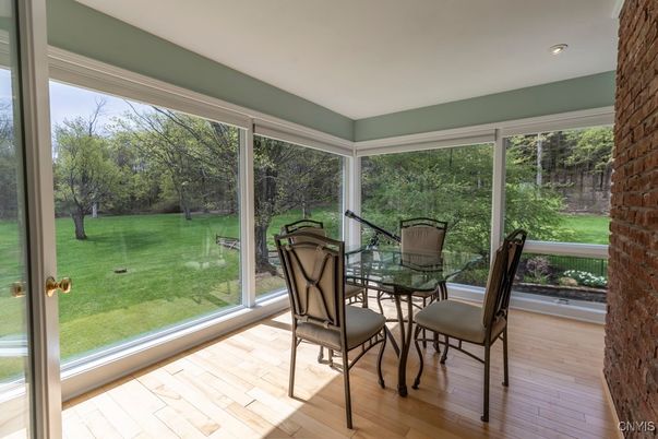 Dining room, Interior, Recessed Lighting, Sun Room, Wood Texture Flooring