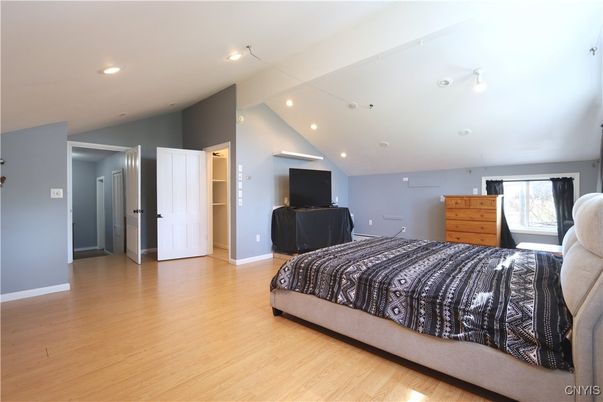 Bedroom, Interior, Recessed Lighting, Wood Texture Flooring