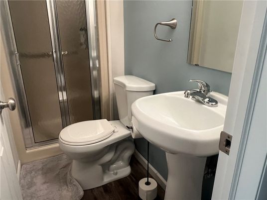 Bathroom, Glass Shower, Interior, Marble, Wood Texture Flooring