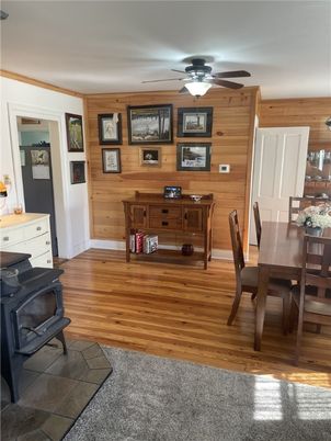 Dining room, Fireplace, Interior, Wood Texture Flooring, Wooden Walls