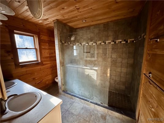 Bathroom, Glass Shower, Interior, Recessed Lighting, Wooden Ceilings, Wooden Walls