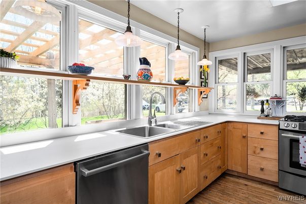 Interior, Kitchen, Pendant Lights, Stainless Steel Appliances, Wood Texture Flooring