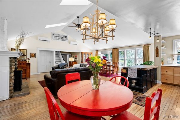 Chandelier, Dining room, Fireplace, Interior, Living room, Wood Texture Flooring