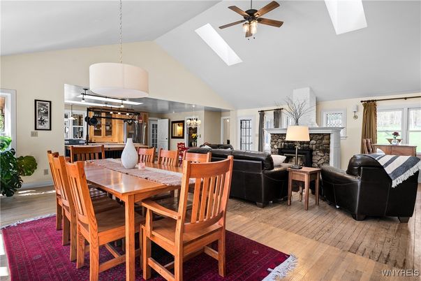 Dining room, Fireplace, Interior, Living room, Pendant Lights, Wood Texture Flooring