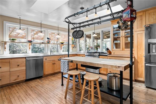 Interior, Kitchen, Pendant Lights, Stainless Steel Appliances, Wood Texture Flooring