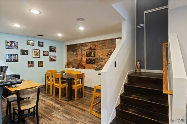 Dining room, Interior, Recessed Lighting, Stone Walls, Wood Texture Flooring