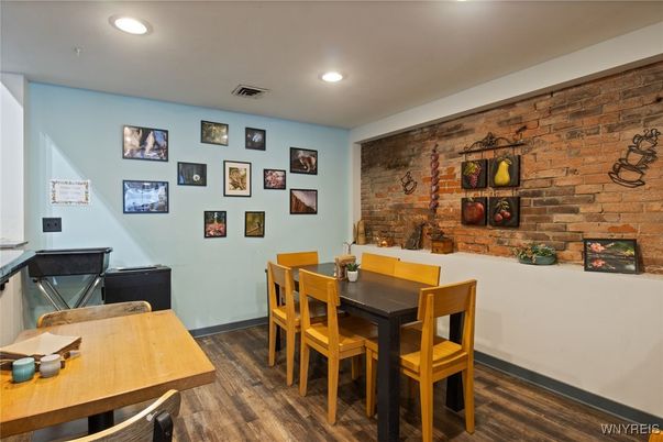 Dining room, Interior, Recessed Lighting, Stone Walls, Wood Texture Flooring