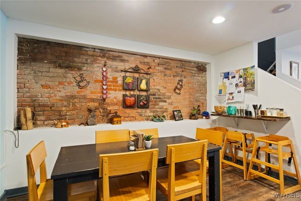 Dining room, Interior, Recessed Lighting, Stone Walls, Wood Texture Flooring