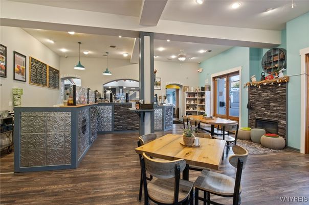 Dining room, Fireplace, Interior, Pendant Lights, Recessed Lighting, Wood Texture Flooring