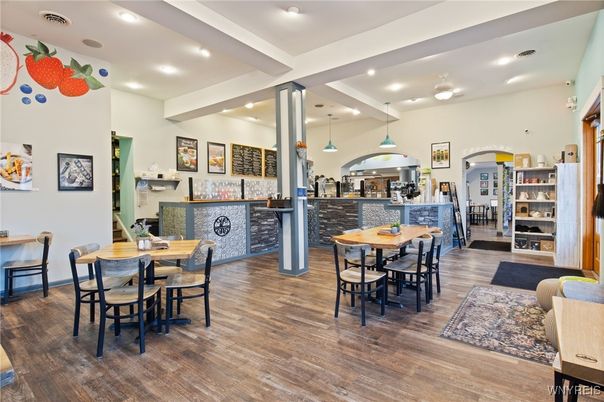 Dining room, Interior, Pendant Lights, Recessed Lighting, Wood Texture Flooring