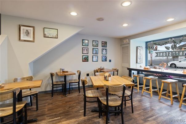 Dining room, Interior, Recessed Lighting, Wood Texture Flooring