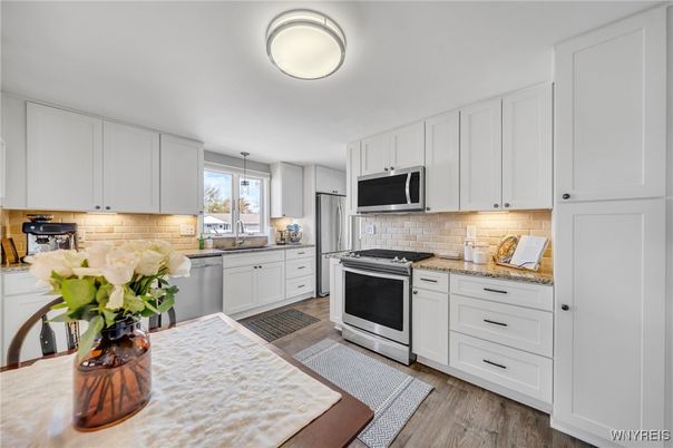 Interior, Kitchen, Pendant Lights, Stainless Steel Appliances, Wood Texture Flooring