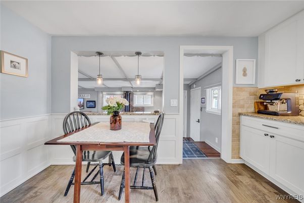 Dining room, Interior, Pendant Lights, Stone Walls, Wood Texture Flooring