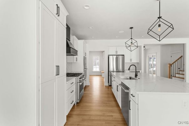 Interior, Kitchen, Pendant Lights, Recessed Lighting, Stainless Steel Appliances, Wood Texture Flooring