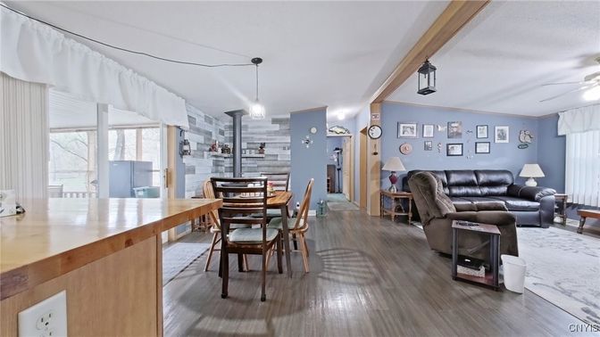 Dining room, Interior, Living room, Pendant Lights, Stone Walls, Wood Texture Flooring