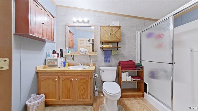 Bathroom, Glass Shower, Interior, Wood Texture Flooring