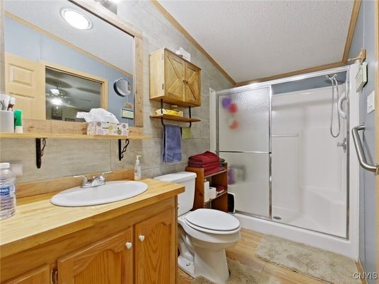 Bathroom, Glass Shower, Interior, Wood Texture Flooring