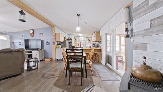 Dining room, Interior, Kitchen, Pendant Lights, Wood Texture Flooring