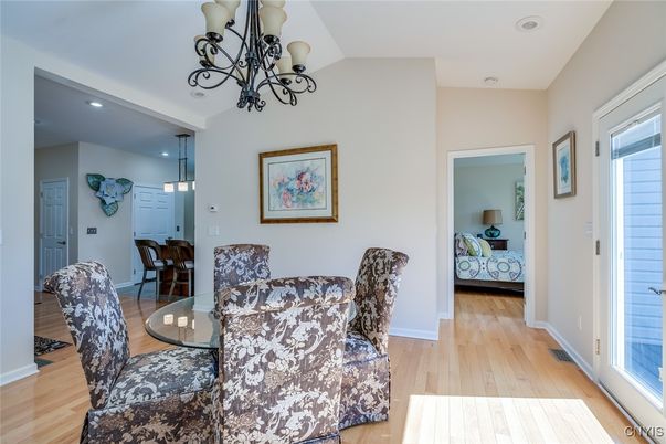 Chandelier, Dining room, Interior, Pendant Lights, Recessed Lighting, Wood Texture Flooring