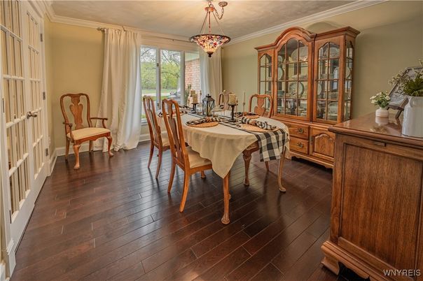Dining room, Interior, Pendant Lights, Wood Texture Flooring
