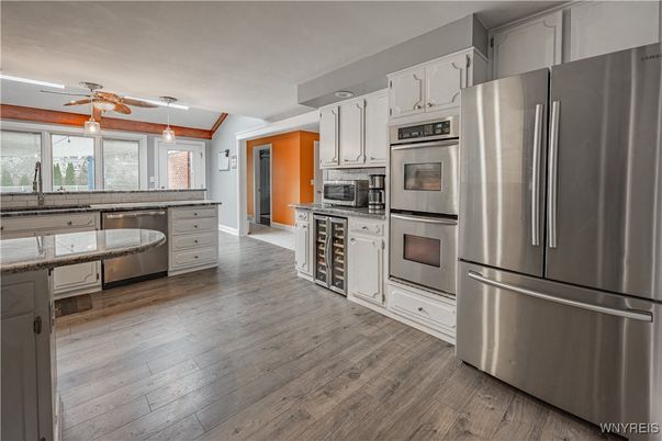 Interior, Kitchen, Pendant Lights, Stainless Steel Appliances, Wood Texture Flooring