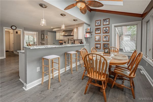 Dining room, Interior, Kitchen, Pendant Lights, Recessed Lighting, Wood Texture Flooring