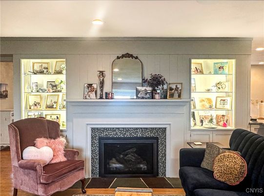Fireplace, Interior, Living room, Recessed Lighting, Wood Texture Flooring