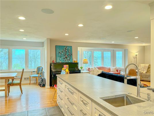 Dining room, Interior, Kitchen, Living room, Recessed Lighting, Wood Texture Flooring