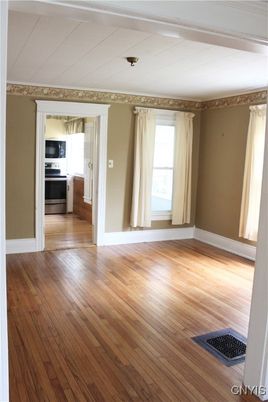 Empty room, Interior, Kitchen, Stainless Steel Appliances, Wood Texture Flooring